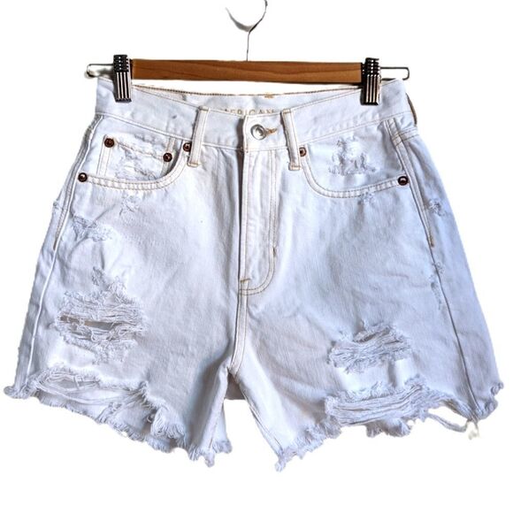 AMERICAN EAGLE White Distressed Cotton High-Rise Boyfriend Jean Shorts Size 0 - Picture 3 of 15